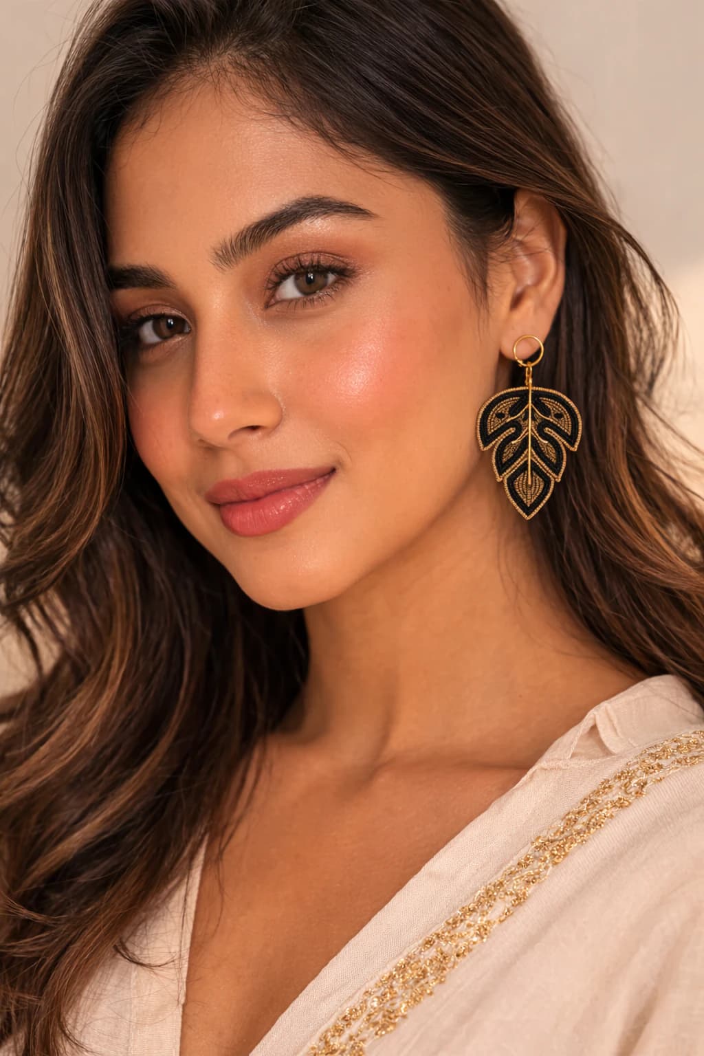Midnight Leaf Embroidered Statement Earrings