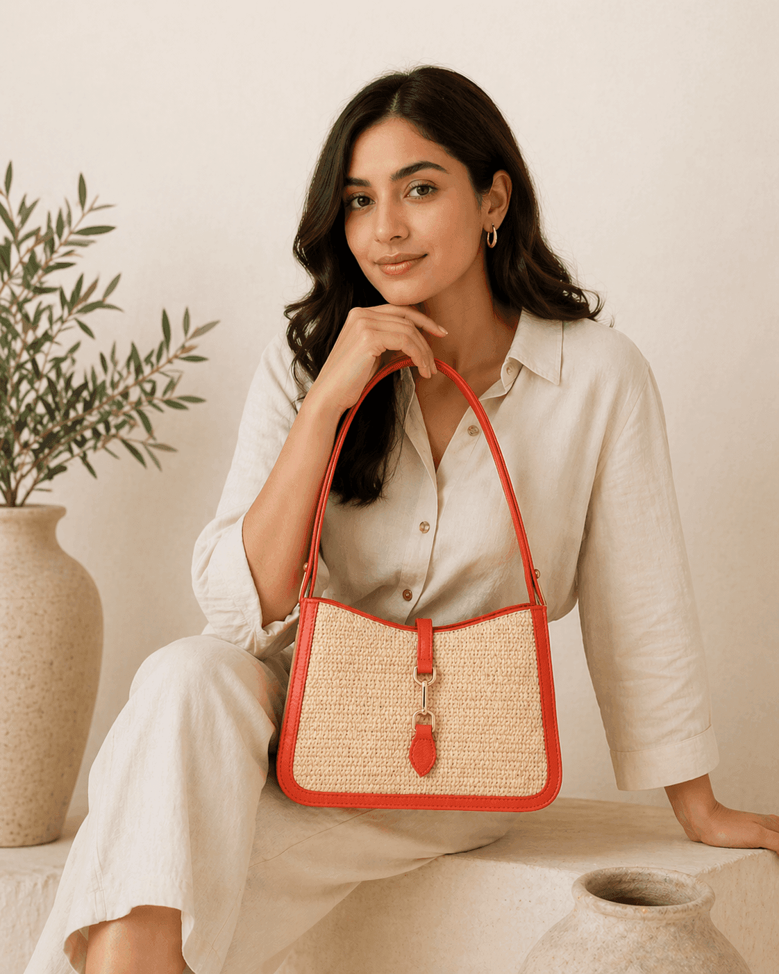 Coral Raffia Shoulder Bag