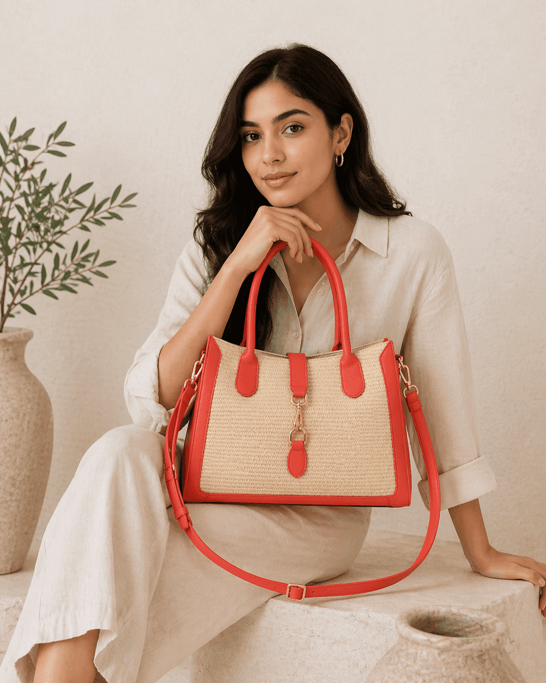 Coral Grande Raffia Tote