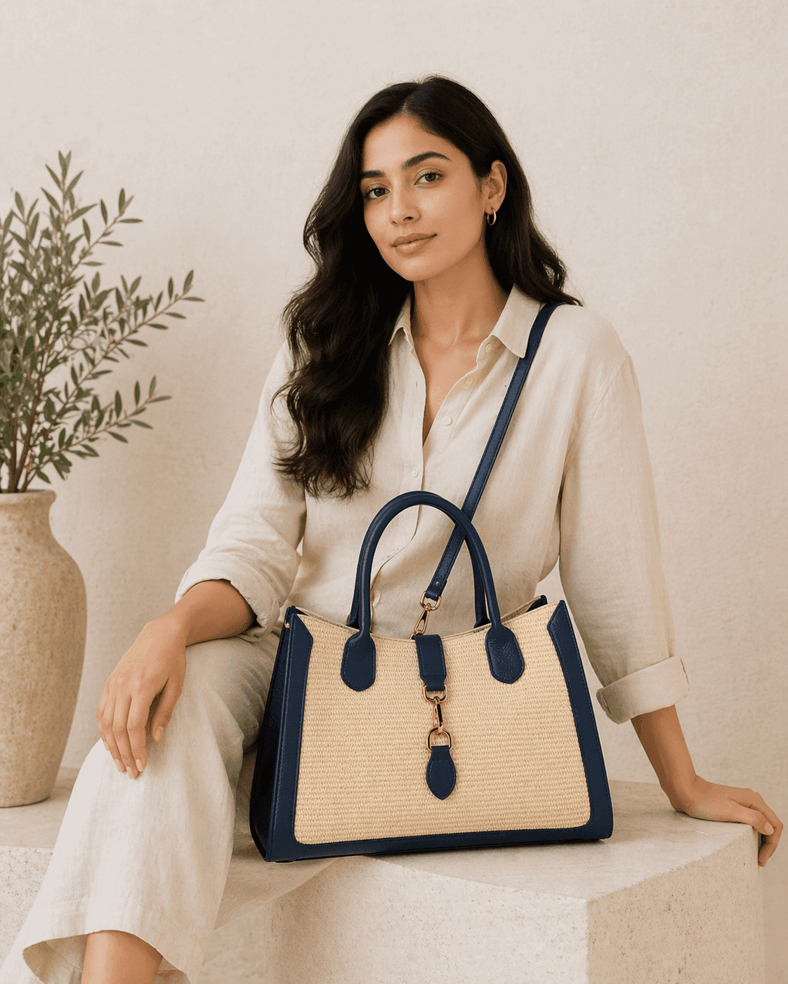 Navy Luxe Raffia Tote