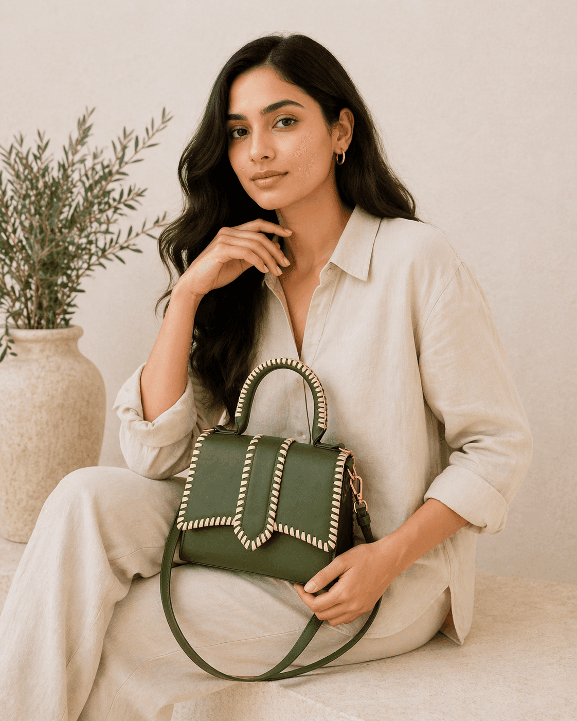 Olive Whipstitch Mini Satchel
