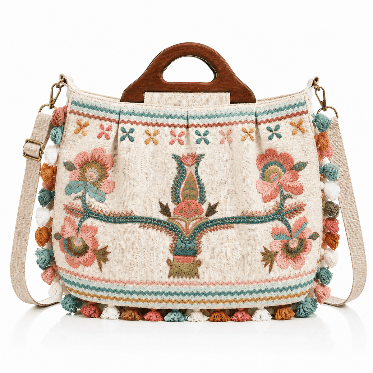 Bohemian Flora Wood Handle Tote 