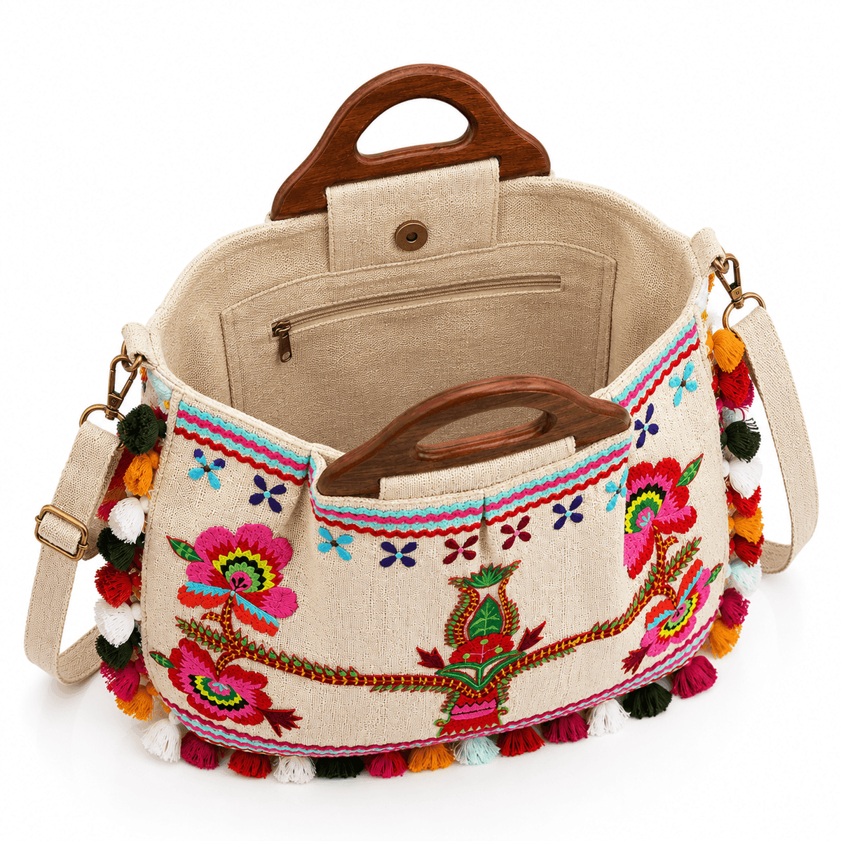 Bohemian Flora Wood Handle Tote  