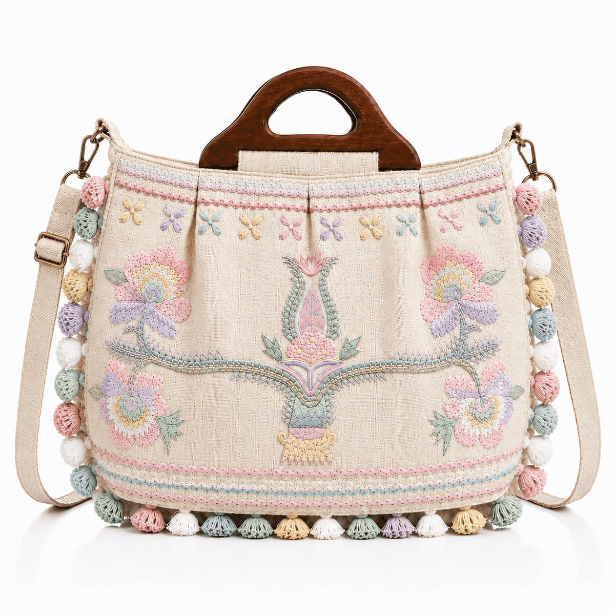 Bohemian Flora Wood Handle Tote   