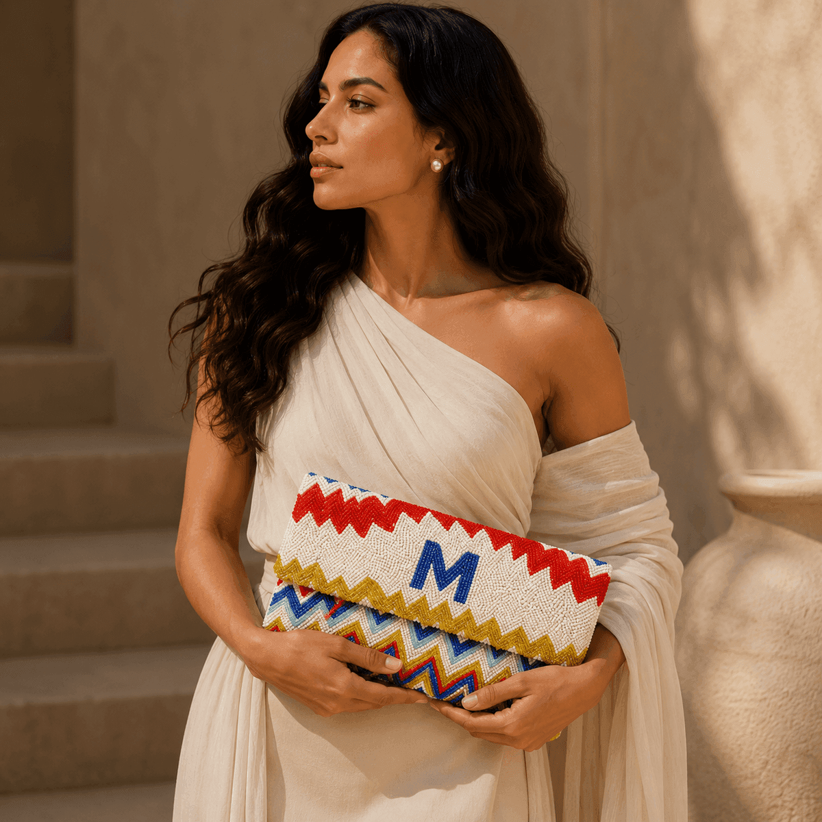 Monogram Zigzag Beaded Clutch