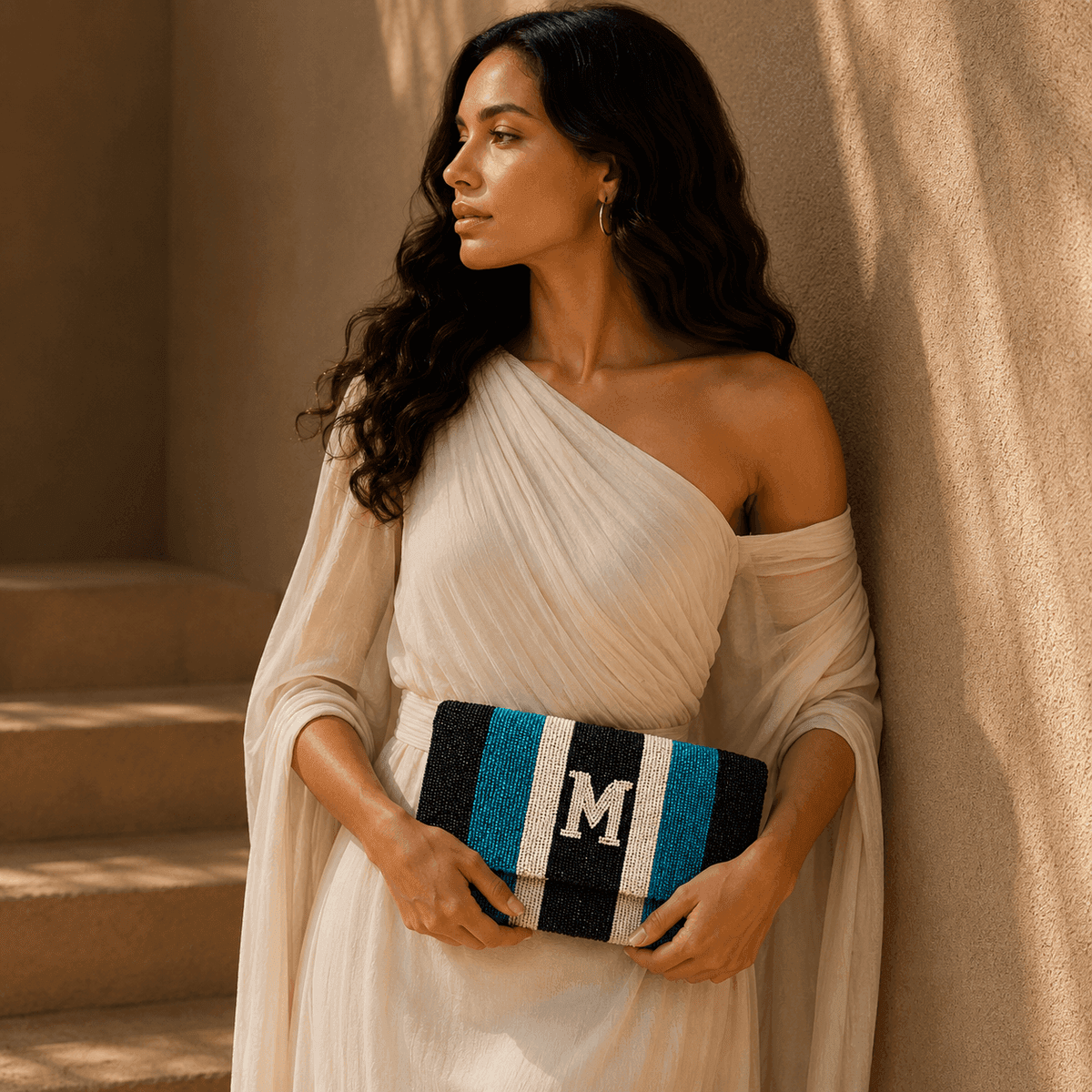 Monogram Stripe Beaded Clutch