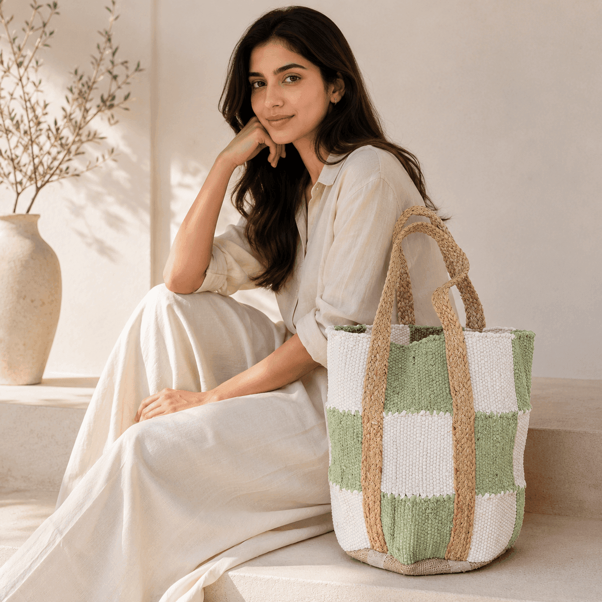 Sage Check Artisan Tote