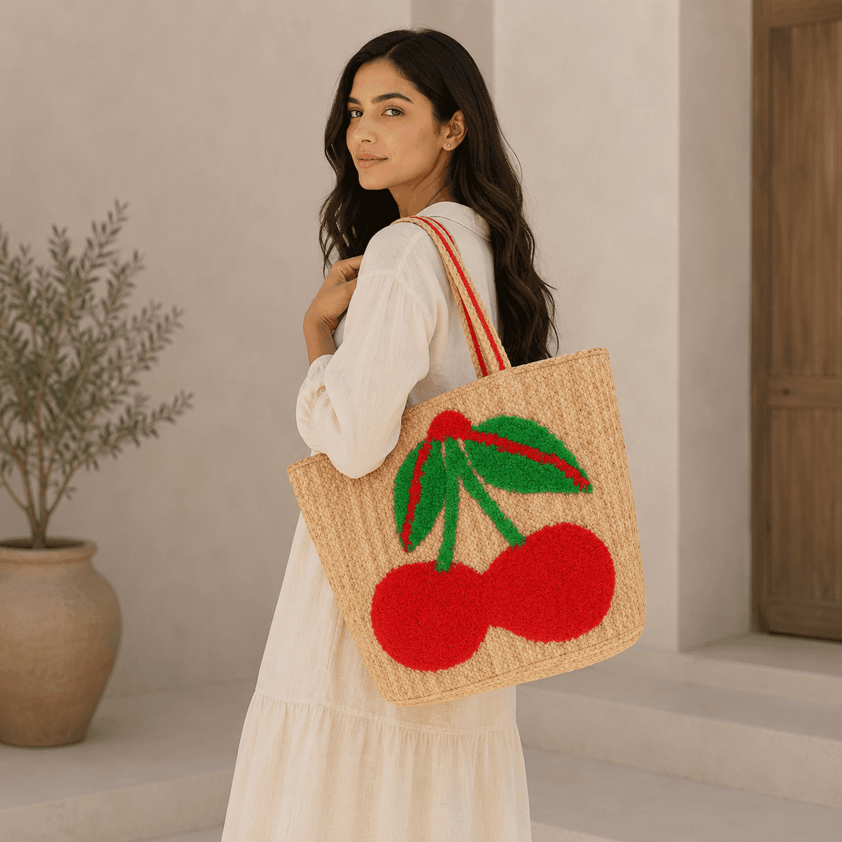 Cherry Bloom Jute Tote
