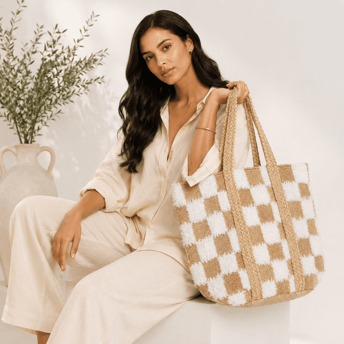 Ivory Check Artisan Tote