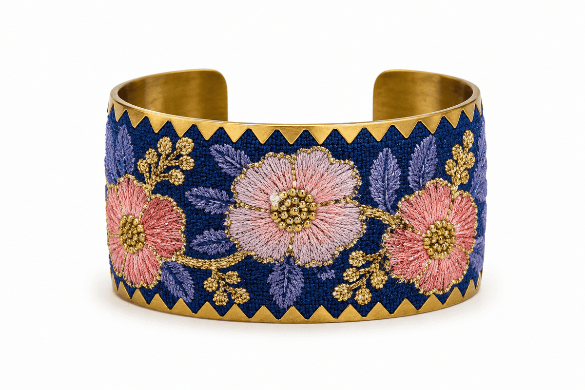 Blush Blossom Embroidered Cuff Bangle