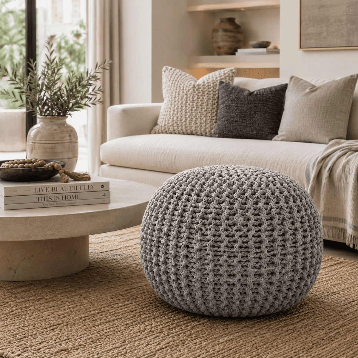 Stone Mist Knitted Pouf