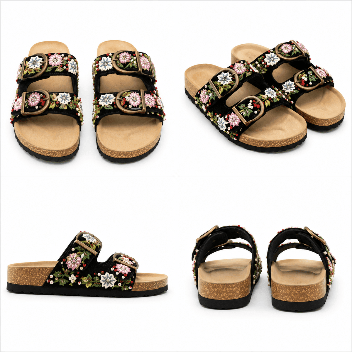 Midnight Blossom Embroidered Comfort Slides