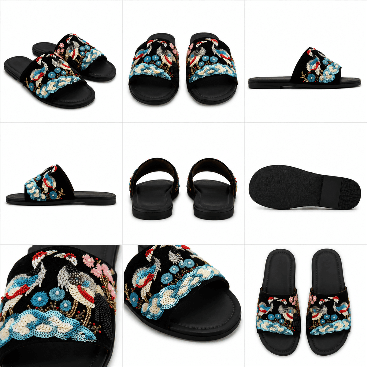 Imperial Crane Embroidered Slides