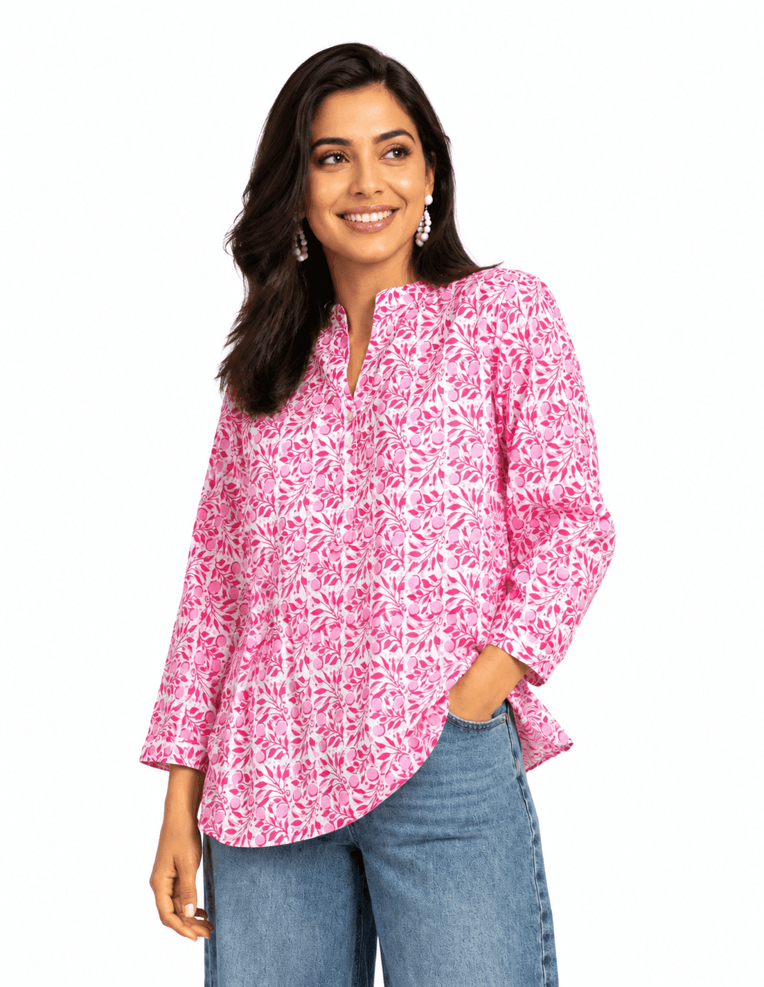 Goji Rose Mandarin Collar Cotton Tunic