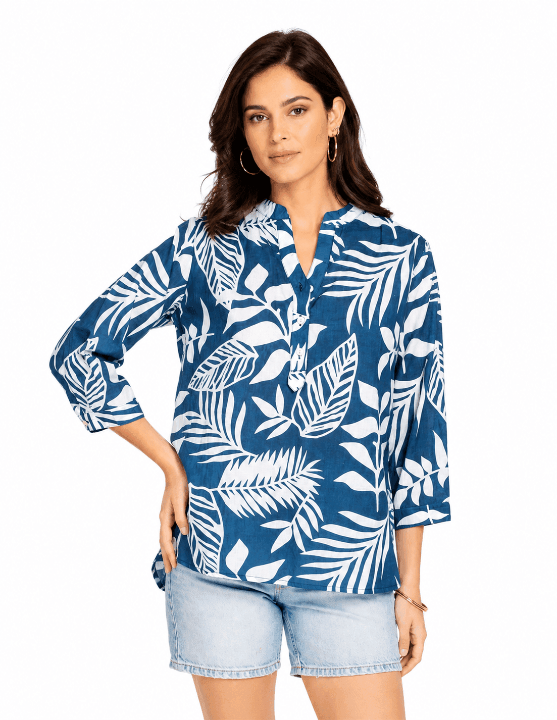 Nabia Bleu Mandarin Collar Cotton Tunic