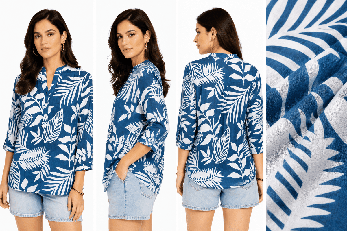 Nabia Bleu Mandarin Collar Cotton Tunic
