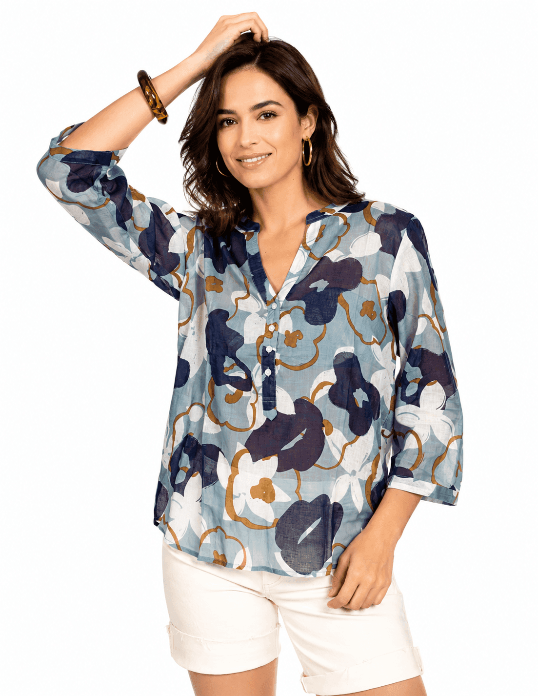 Santoline Bleu Mandarin Collar Cotton Tunic