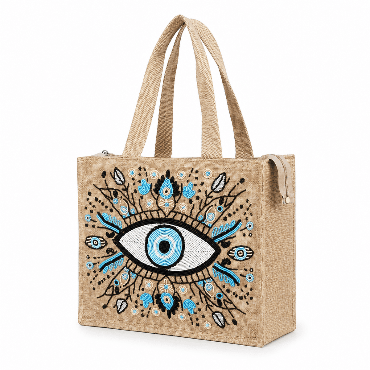 Handcrafted Evil Eye Glass Bead Embroidered Jute Tote Bag
