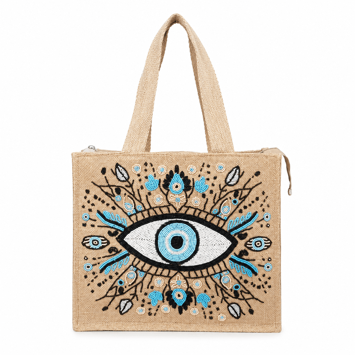 Handcrafted Evil Eye Glass Bead Embroidered Jute Tote Bag