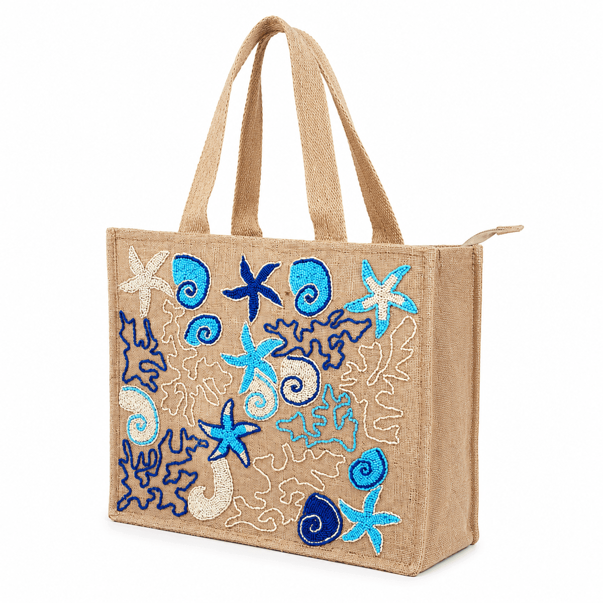 Handcrafted Coastal Glass Bead Embroidered Jute Tote Bag