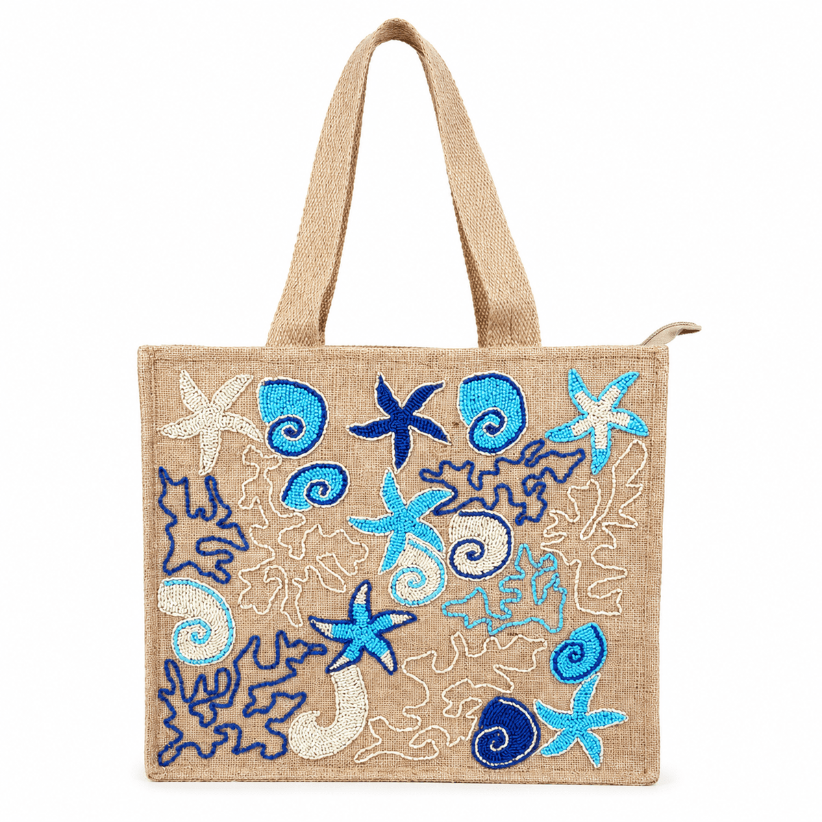 Handcrafted Coastal Glass Bead Embroidered Jute Tote Bag