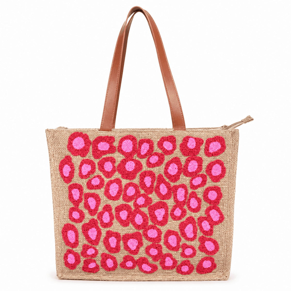 Handcrafted Pink Glass Bead Embroidered Jute Tote Bag