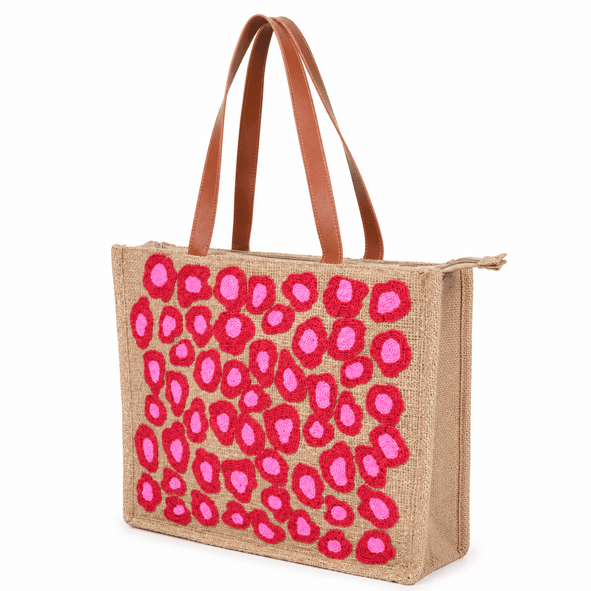 Handcrafted Pink Glass Bead Embroidered Jute Tote Bag