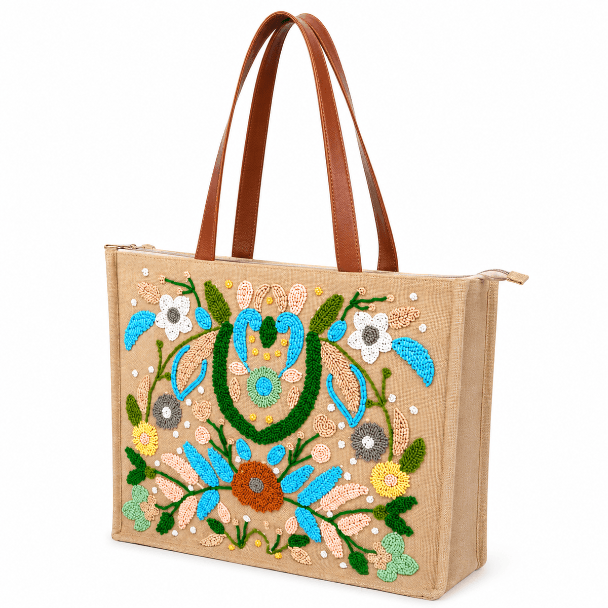Handcrafted Floral Glass Bead Embroidered Jute Tote Bag
