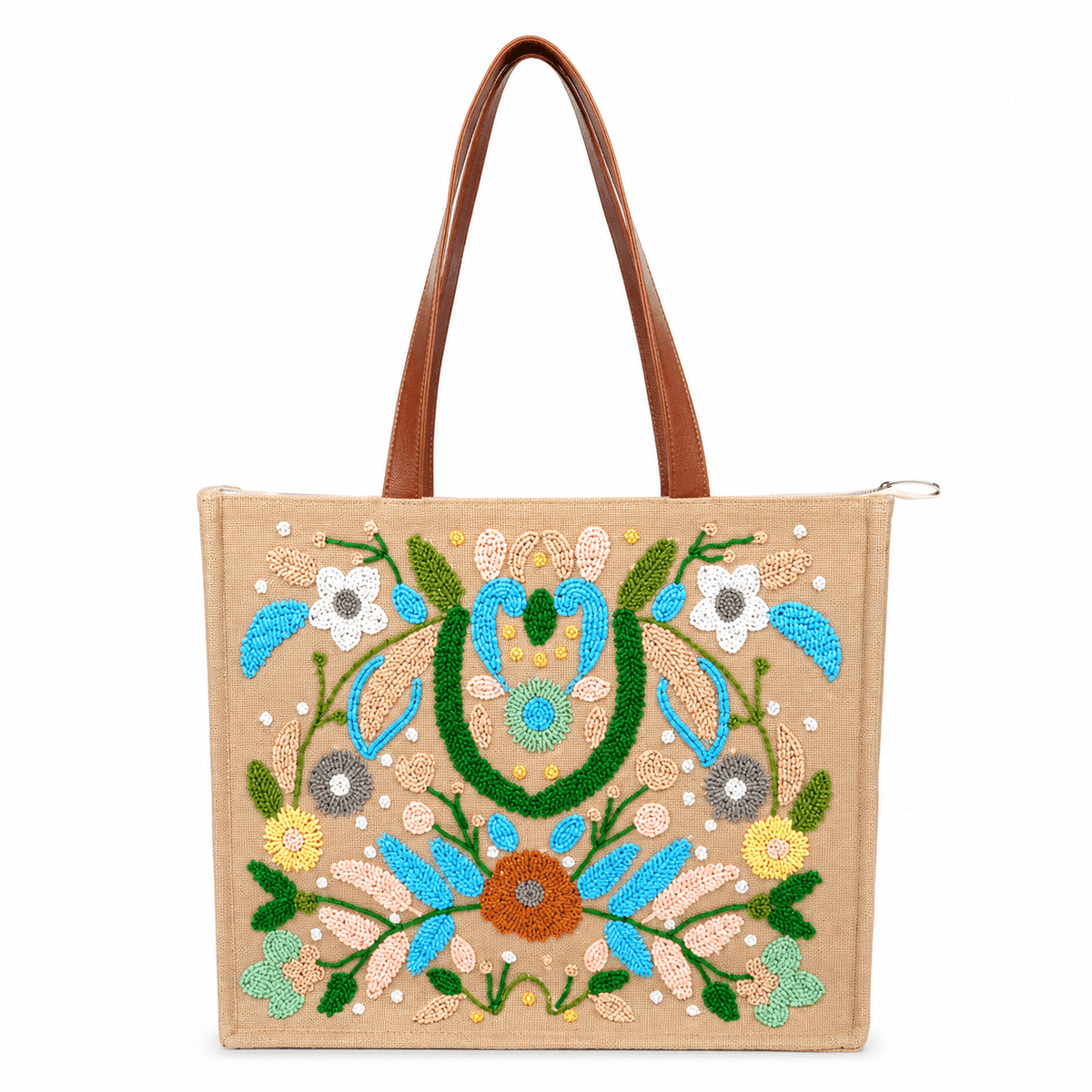Handcrafted Floral Glass Bead Embroidered Jute Tote Bag