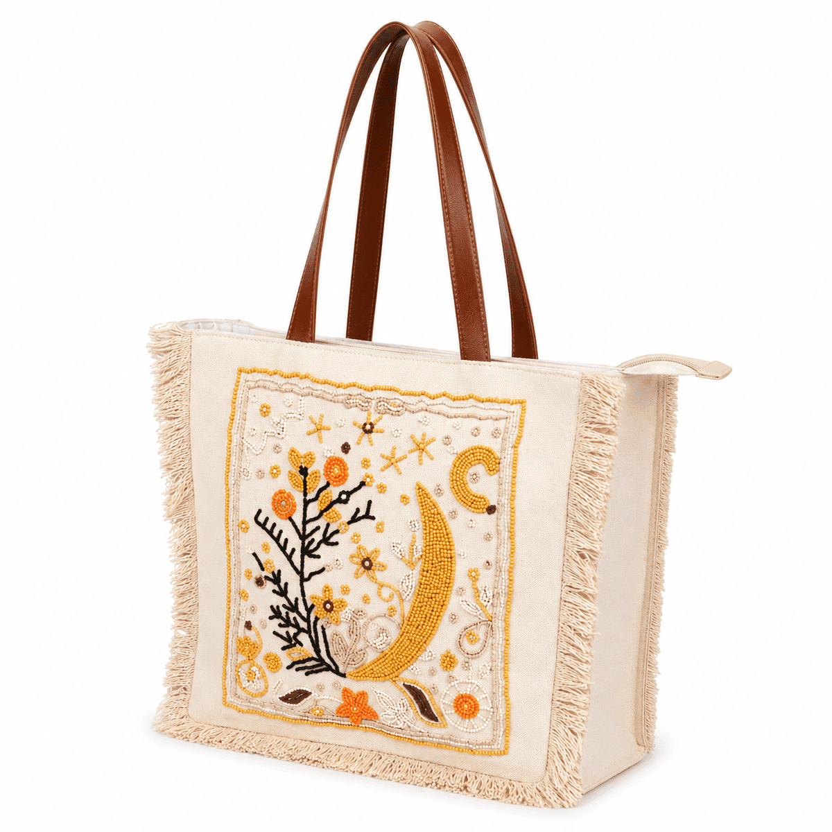 Handcrafted Celestial Moon Glass Bead Embroidered Cotton Tote Bag