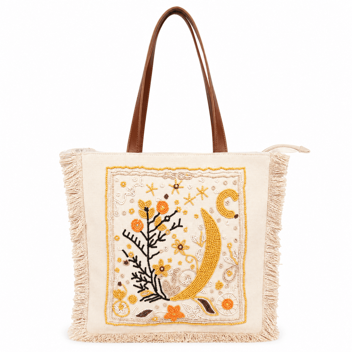 Handcrafted Celestial Moon Glass Bead Embroidered Cotton Tote Bag