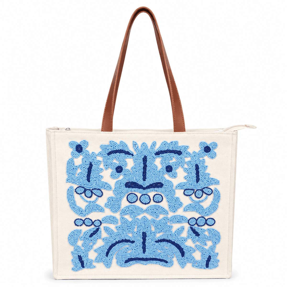 Handcrafted Blue Glass Bead Embroidered Cotton Tote Bag