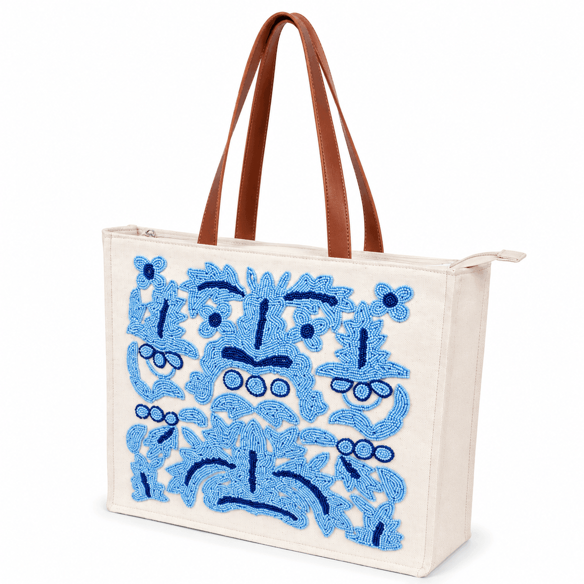 Handcrafted Blue Glass Bead Embroidered Cotton Tote Bag