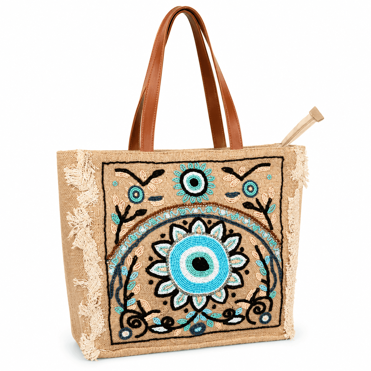 Handcrafted Evil Eye Glass Bead Embroidered Cotton Tote Bag