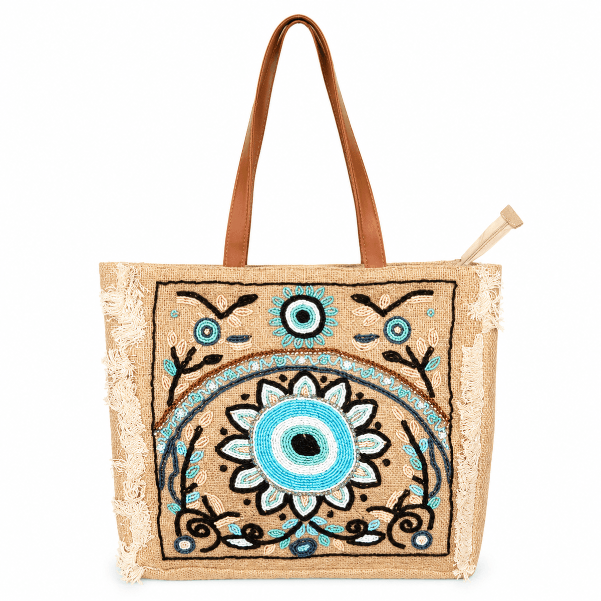 Handcrafted Evil Eye Glass Bead Embroidered Cotton Tote Bag