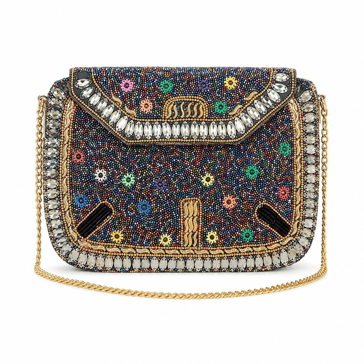 Handcrafted Floral Crystal & Seed Bead Embellished Metal Evening Bag