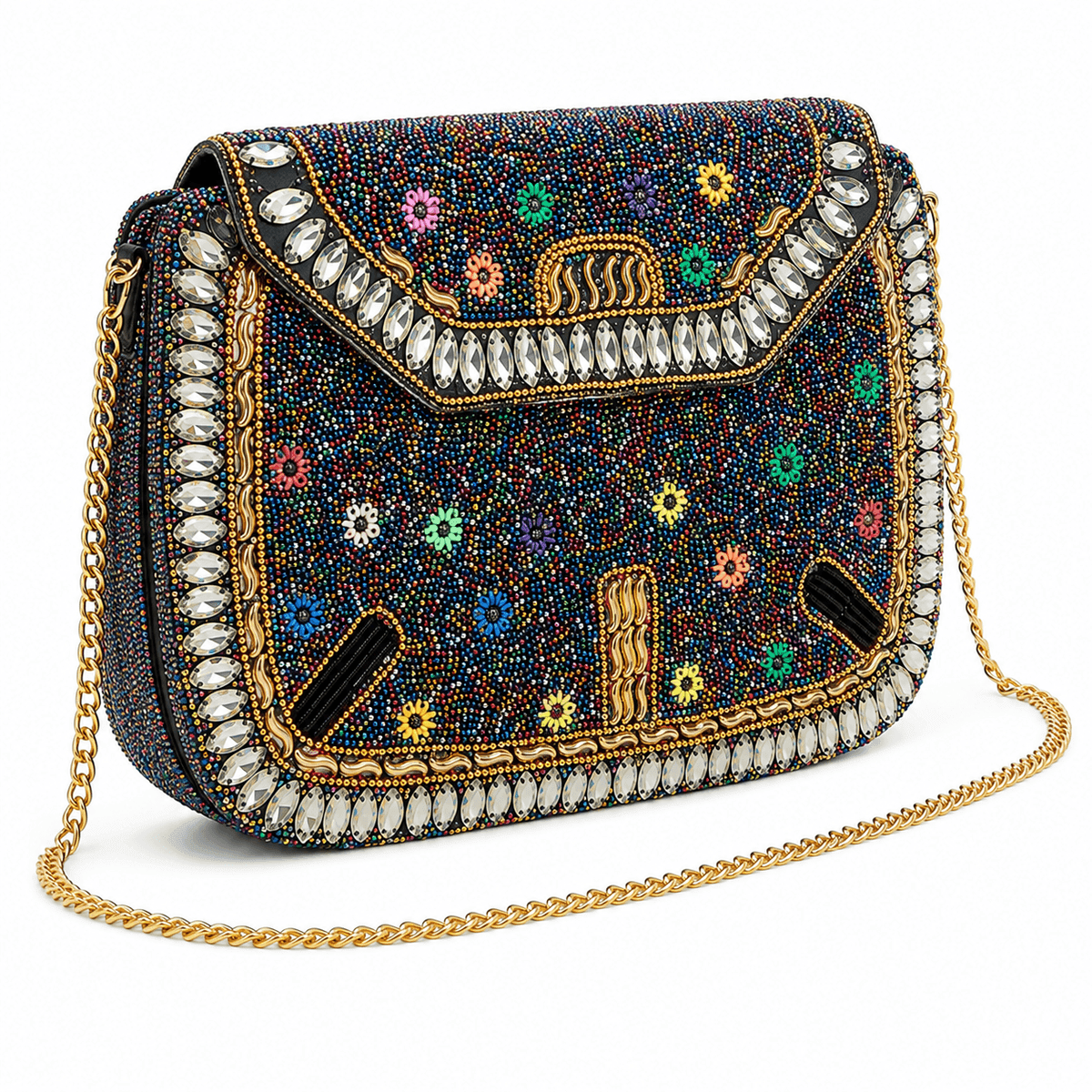 Handcrafted Floral Crystal & Seed Bead Embellished Metal Evening Bag