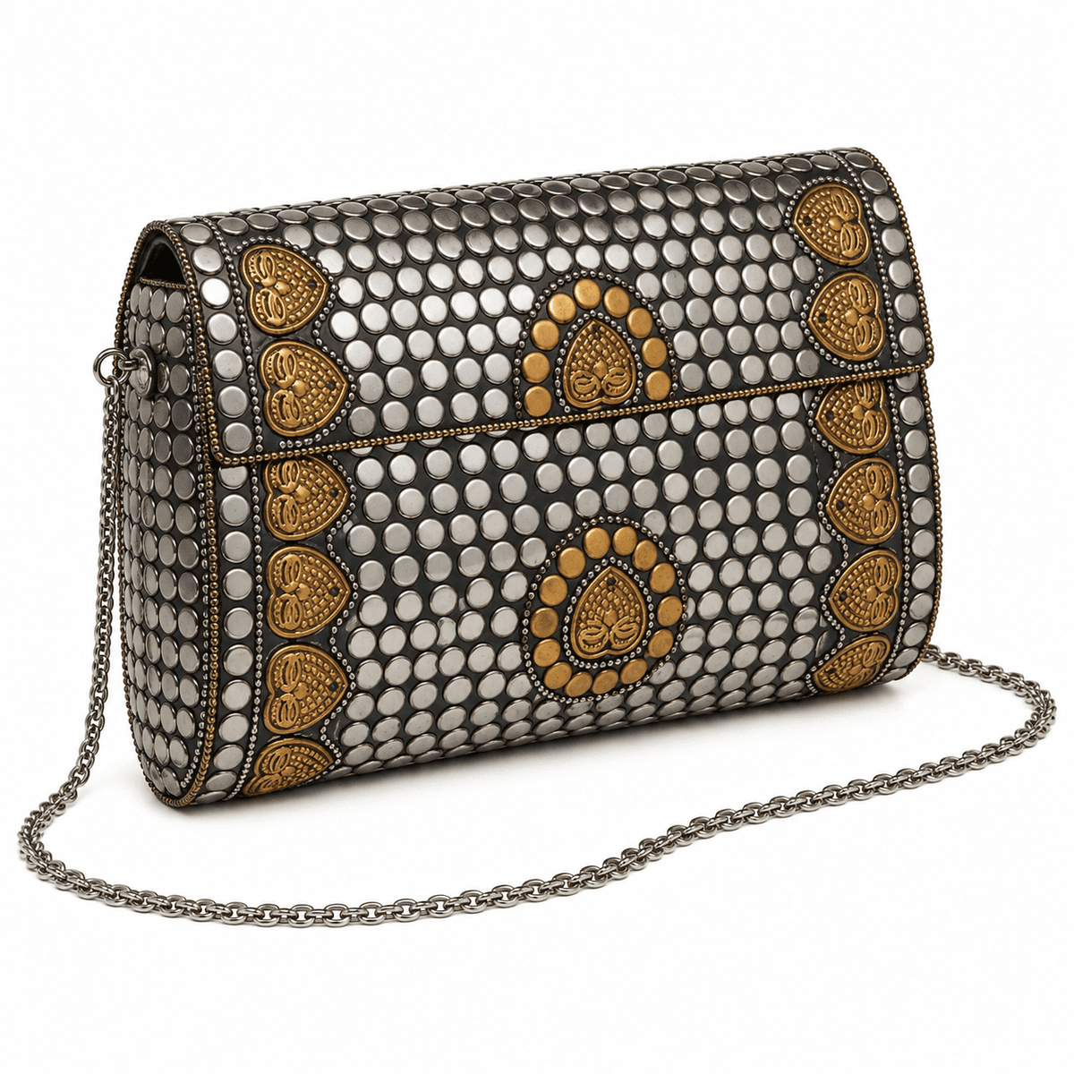 Handcrafted Gunmetal Studded Brass Evening Clutch