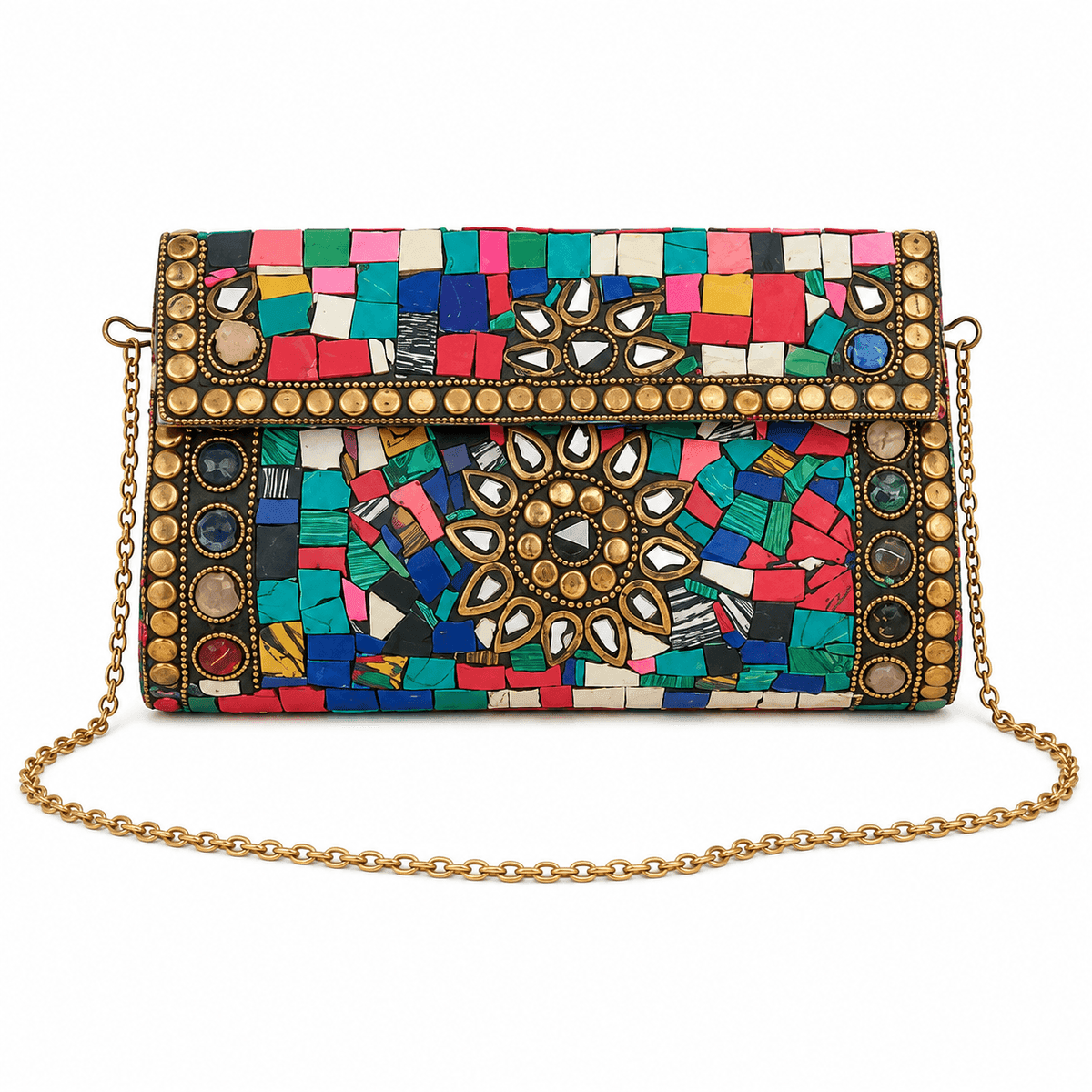 Handcrafted Mosaic Stone Brass Evening Clutch