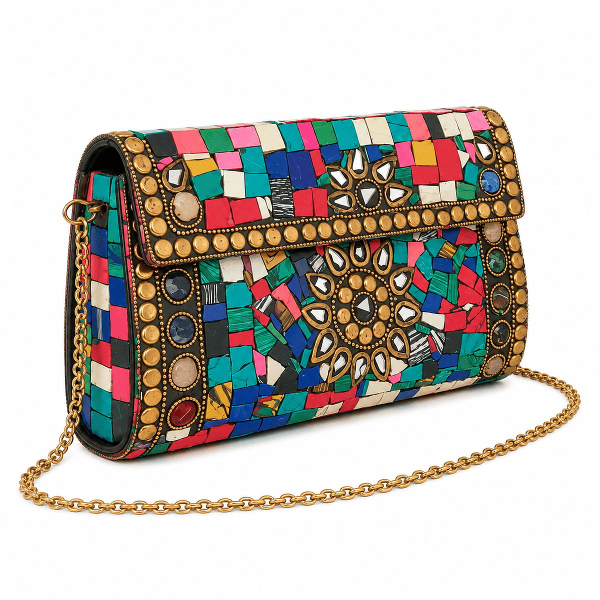 Handcrafted Mosaic Stone Brass Evening Clutch