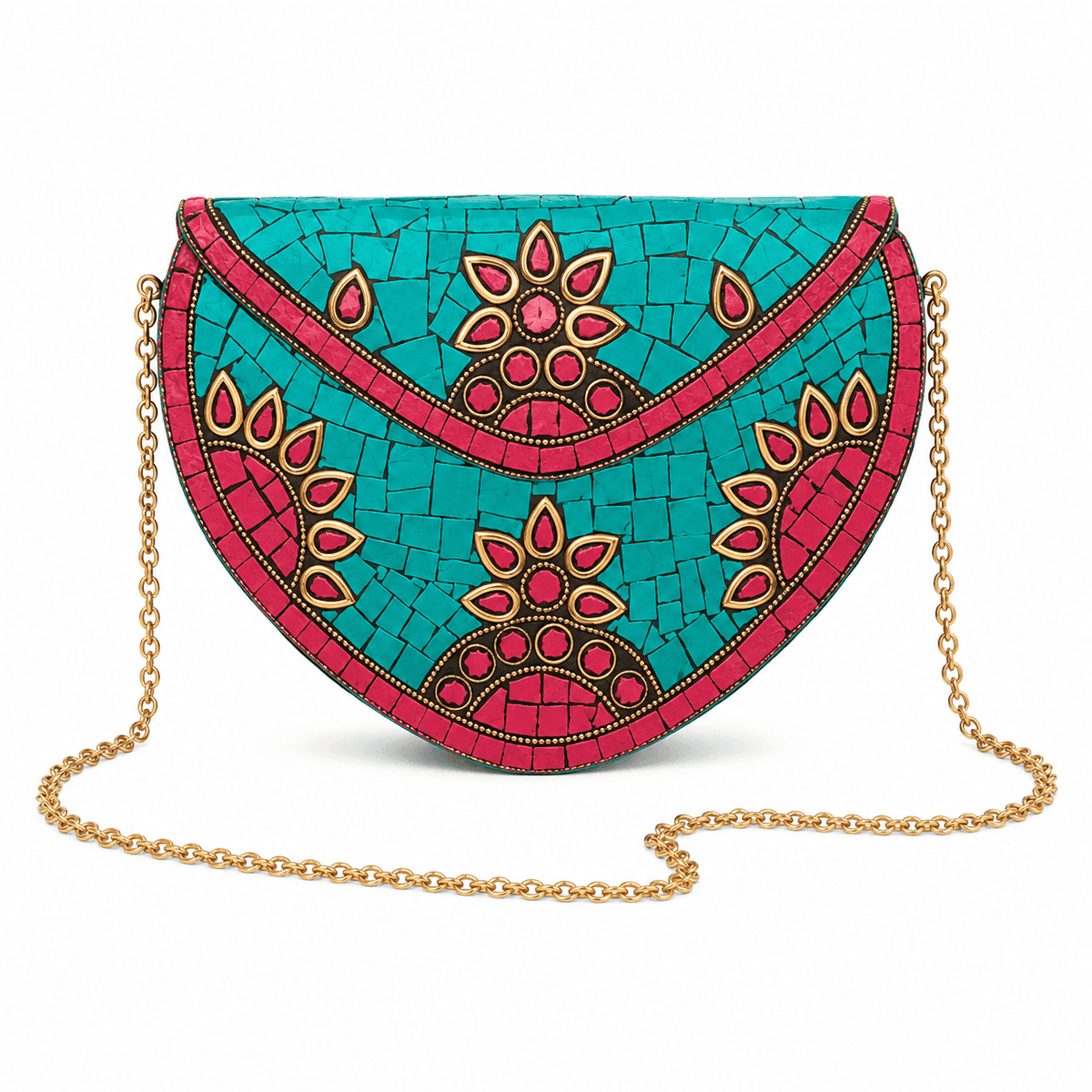 Handcrafted Turquoise Mosaic Brass Evening Clutch