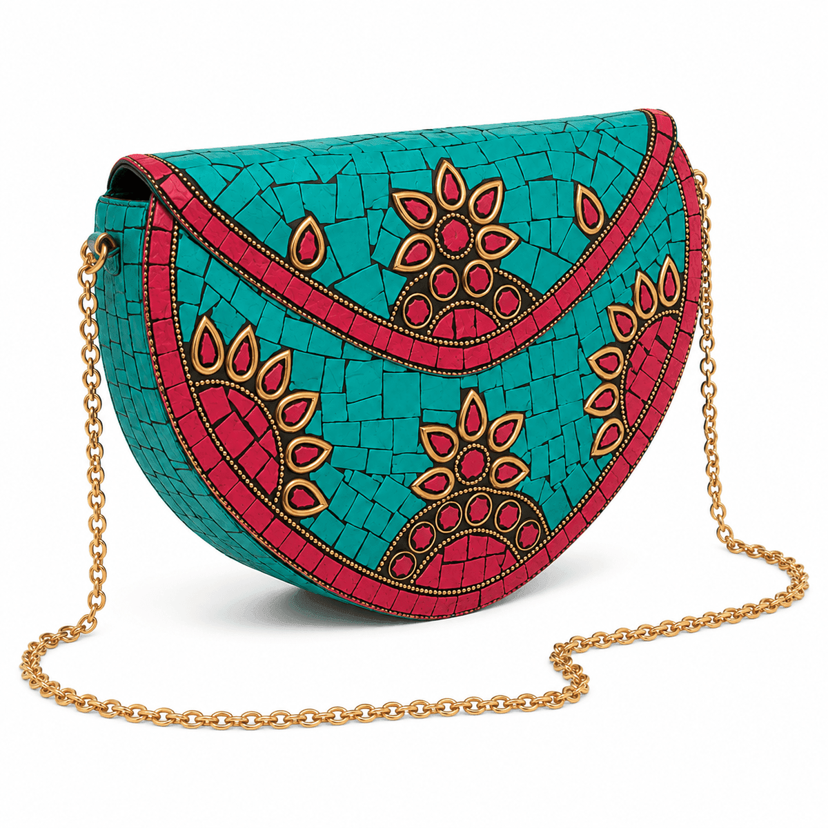 Handcrafted Turquoise Mosaic Brass Evening Clutch