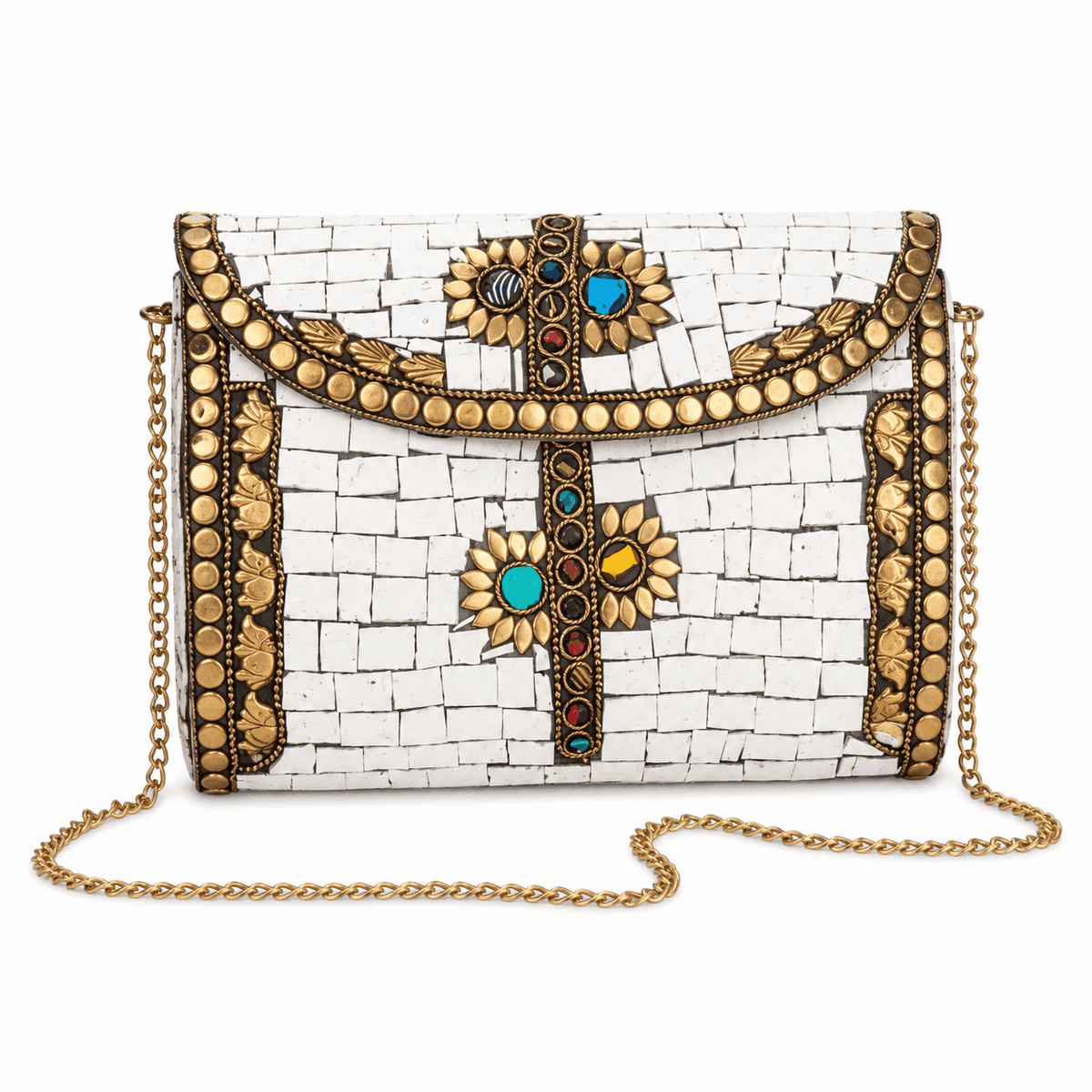 Handcrafted Ivory Mosaic Brass Evening Clutch