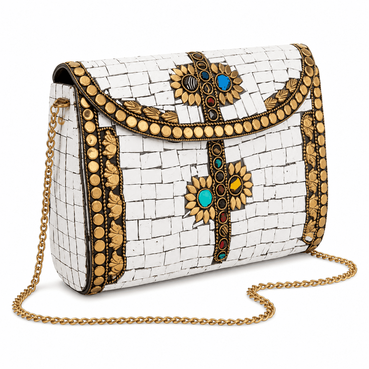 Handcrafted Ivory Mosaic Brass Evening Clutch