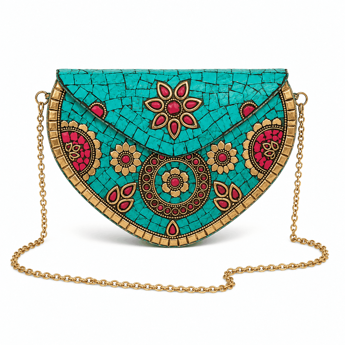 Handcrafted Turquoise Mosaic Brass Evening Clutch