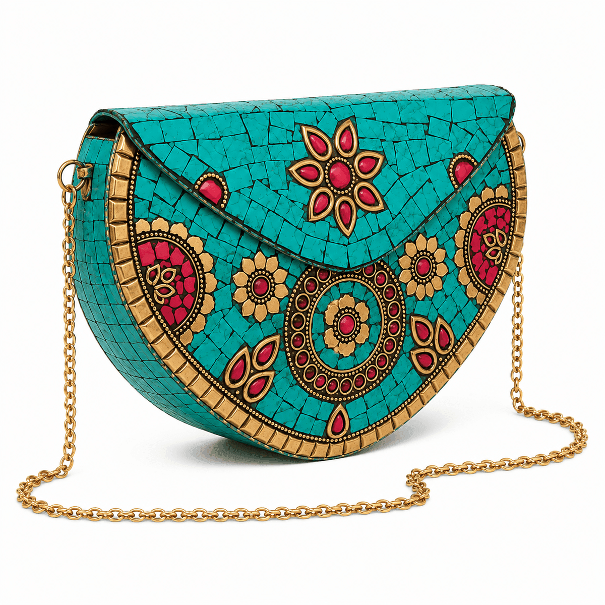 Handcrafted Turquoise Mosaic Brass Evening Clutch