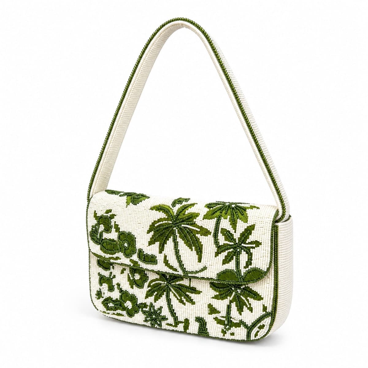 Verdant Palm Garden Beaded Shoulder Bag