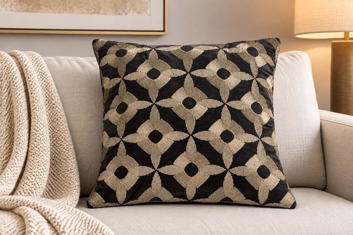 Noir Gilded Velvet Embroidered Cushion Cover