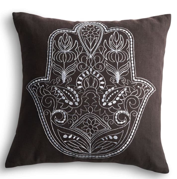 Espresso Hamsa Linen Embroidered Cushion Cover