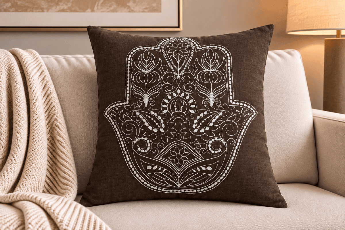 Espresso Hamsa Linen Embroidered Cushion Cover